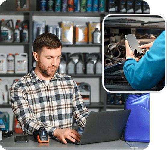 Imagem de gestor de oficina automotiva no balcão da loja de auto peças